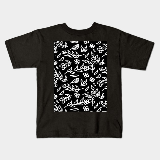 Black and white plants seamless pattern Kids T-Shirt by Spinkly